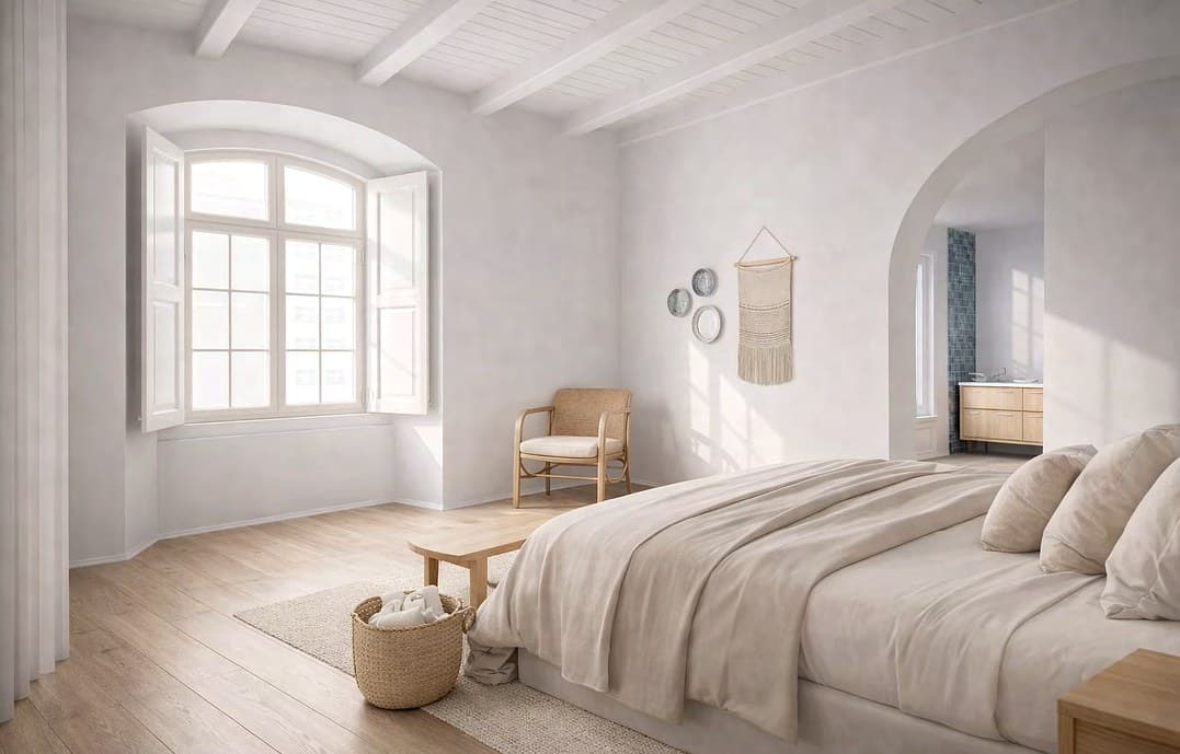 Visualization: bedroom under the original roof beams