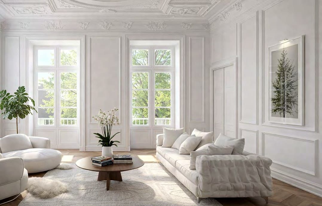 Visualization: living room, light oak and plaster moulding