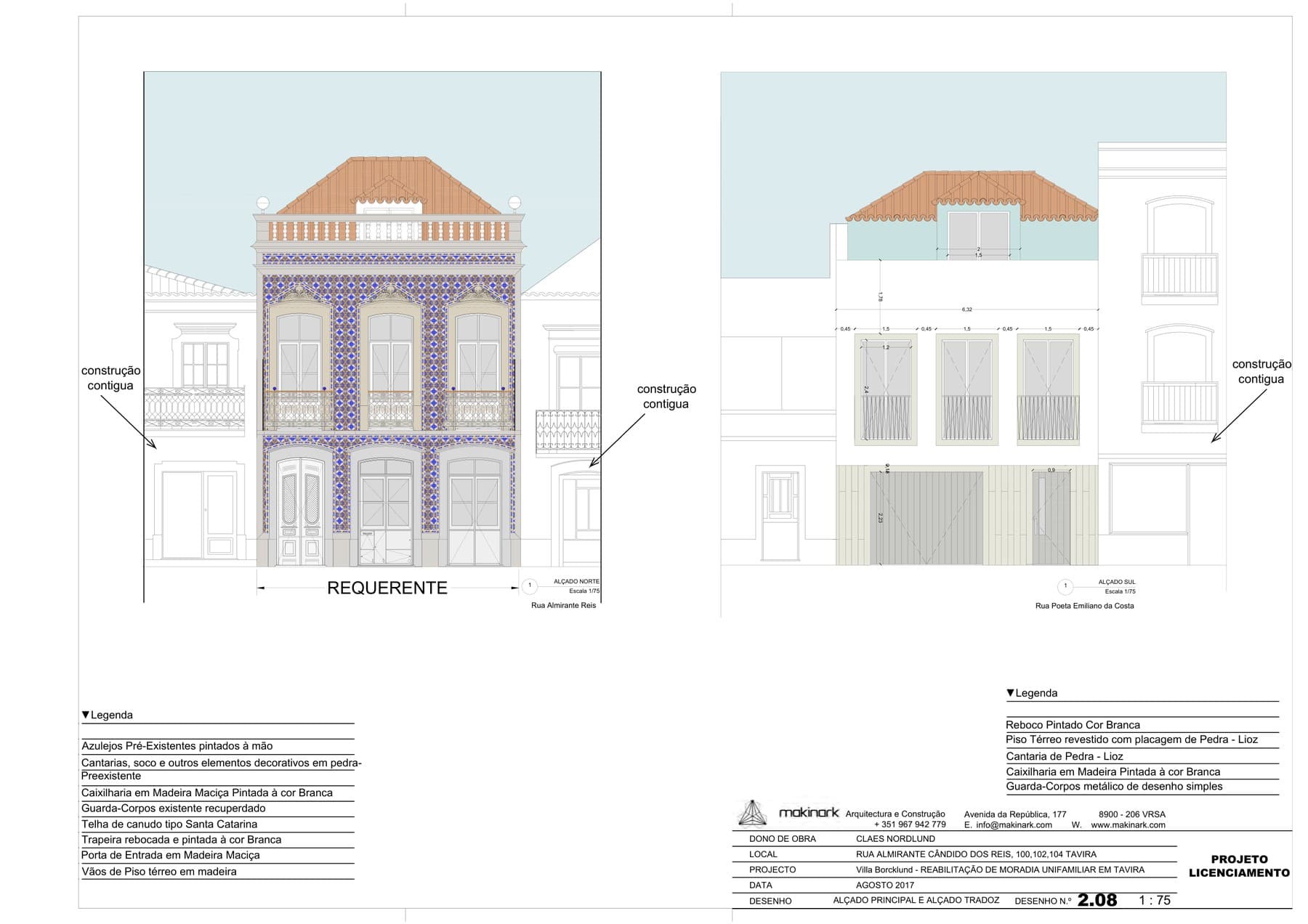 Principal and rear elevations, with material legend
